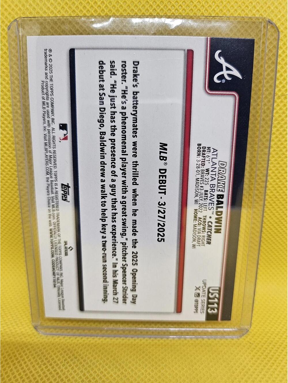 Drake Baldwin (RC) 2025 Topps Update  #US113 - Braves ROY 2025 - RAW Mint - Picture 2 of 2